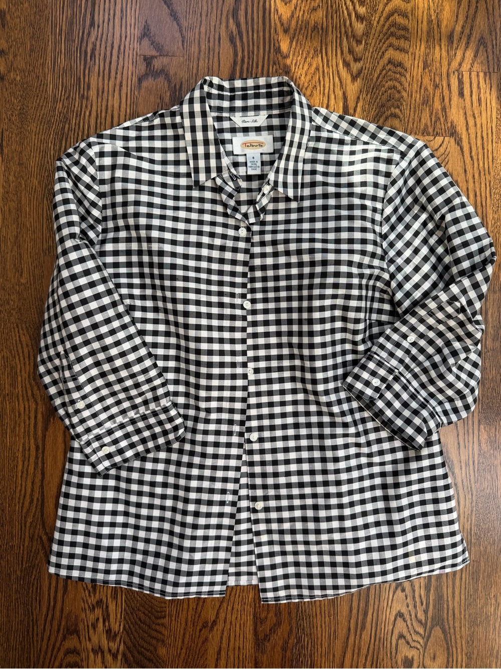 Talbots Black and White Silk Preppy Gingham Button-Down Shirt